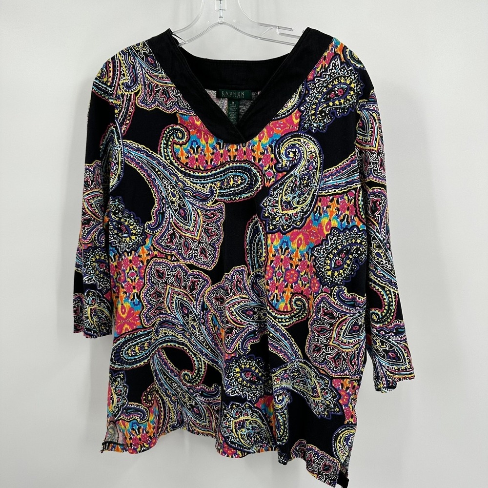 Lauren Ralph Lauren Womens Maximalist Paisley Top Size 1X Boho Eclectic Artsy